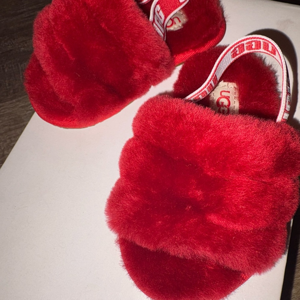 UGG Kids Red Fluffy Slippers